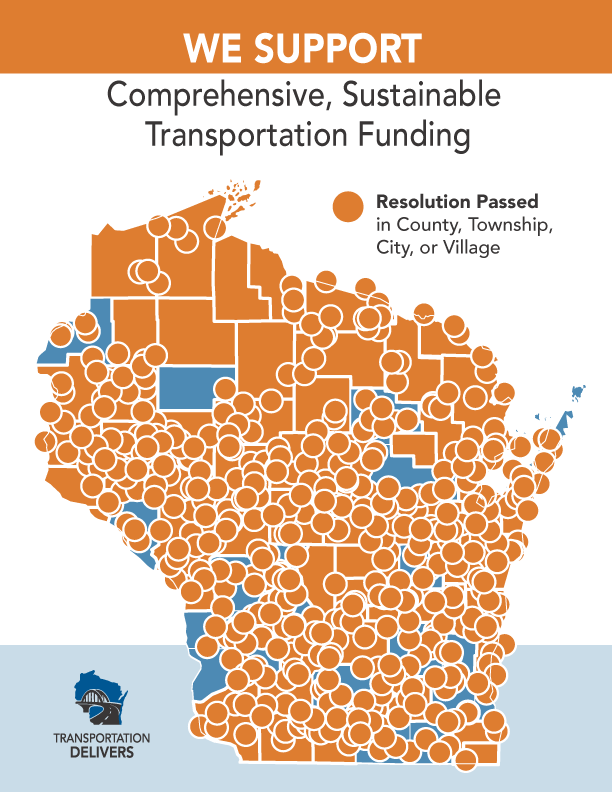 Map of Wisconsin showing the counties, townships, cities, and villages that have passed resolutions supporting comprehensive, sustainable transportation funding